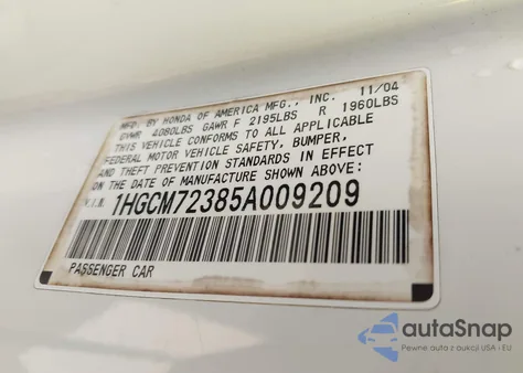 2005 Honda Accord 2.4 Lx z USA, uszkodzony, nr VIN 1HGCM72385A009209